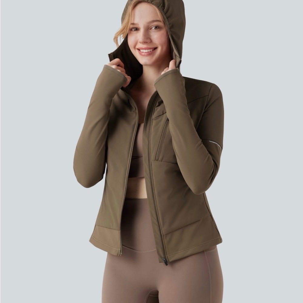 Halara Hooded Zipper Long Sleeve Thumb Hole Running Down Jacket Otter NWT Medium - Picture 5 of 14